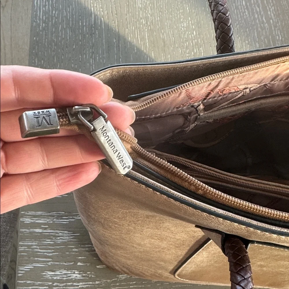 Montana West Pewter Brown Faux Leather Concealed Carry Bag Tote Braided Details - Picture 13 of 15